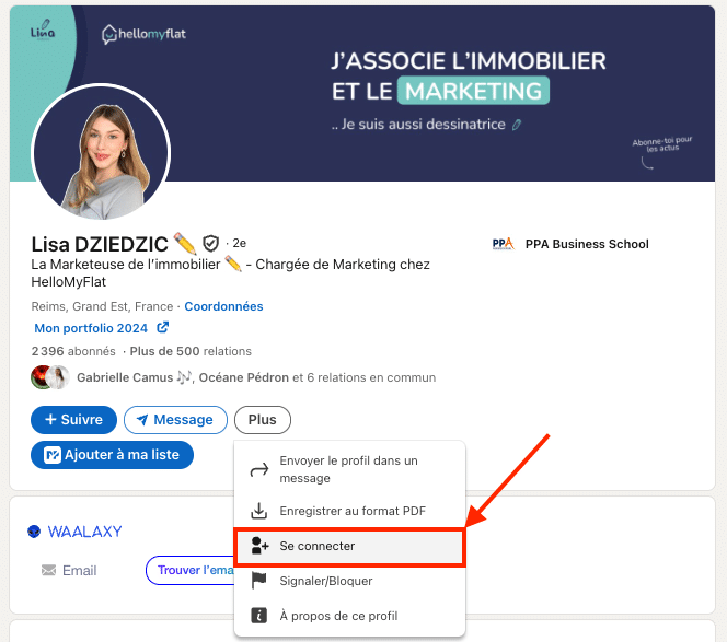 Envoyer une invitation via le profil LinkedIn (menu déroulant).