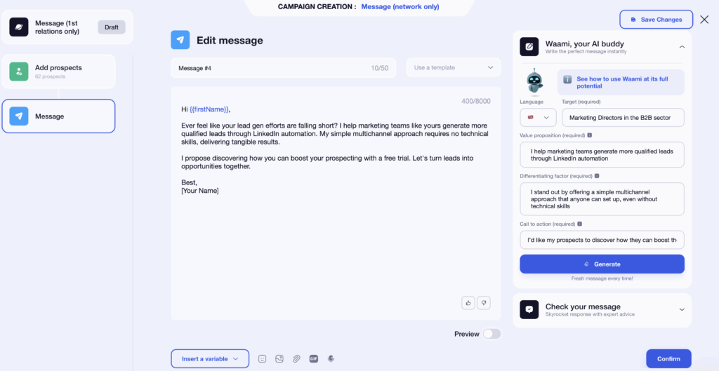 Sample invitation message with Waami