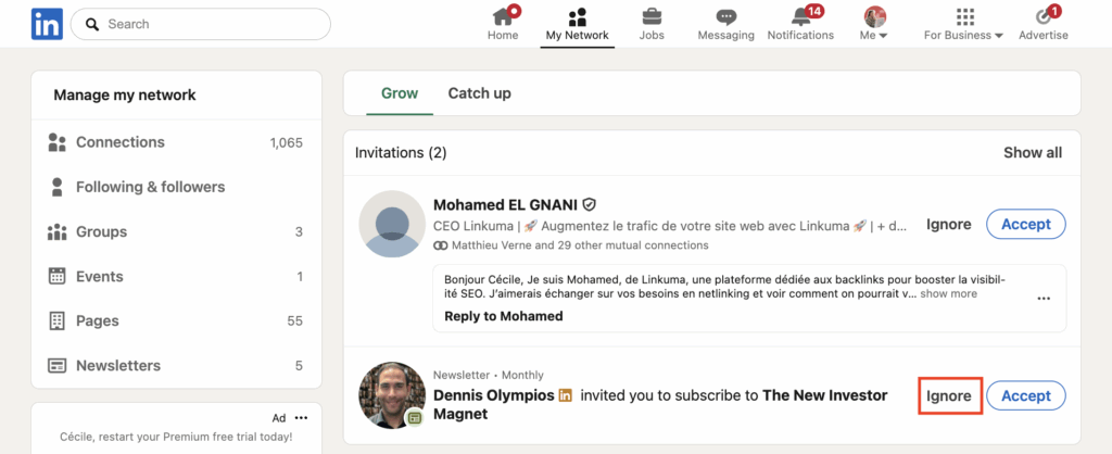 ignore LinkedIn connection request