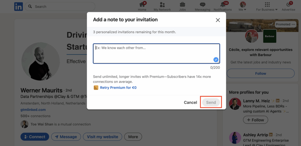 LinkedIn connection request send a note