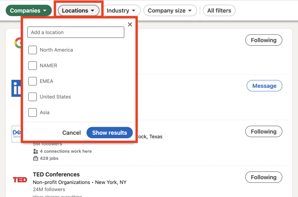 LinkedIn advanced search by region