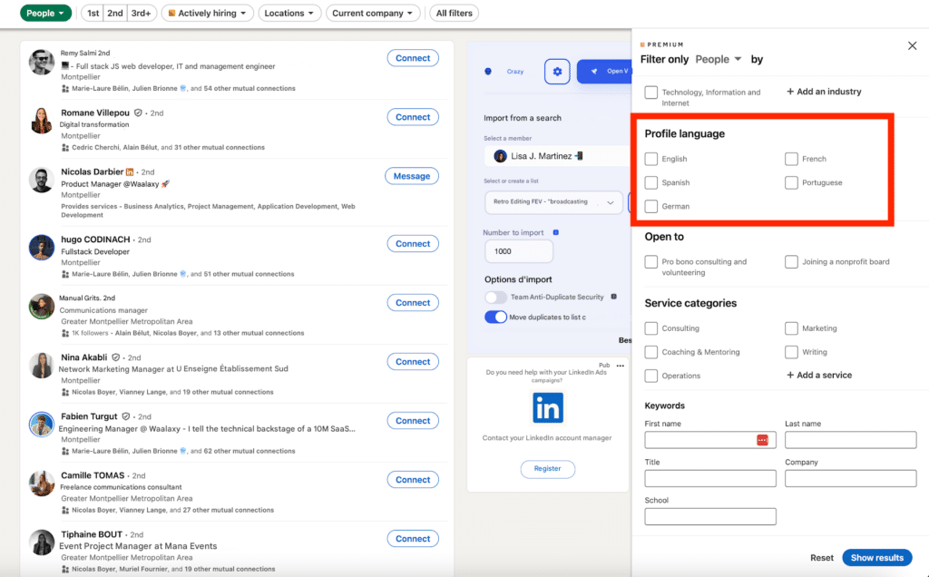 LinkedIn advanced search : select profile language.