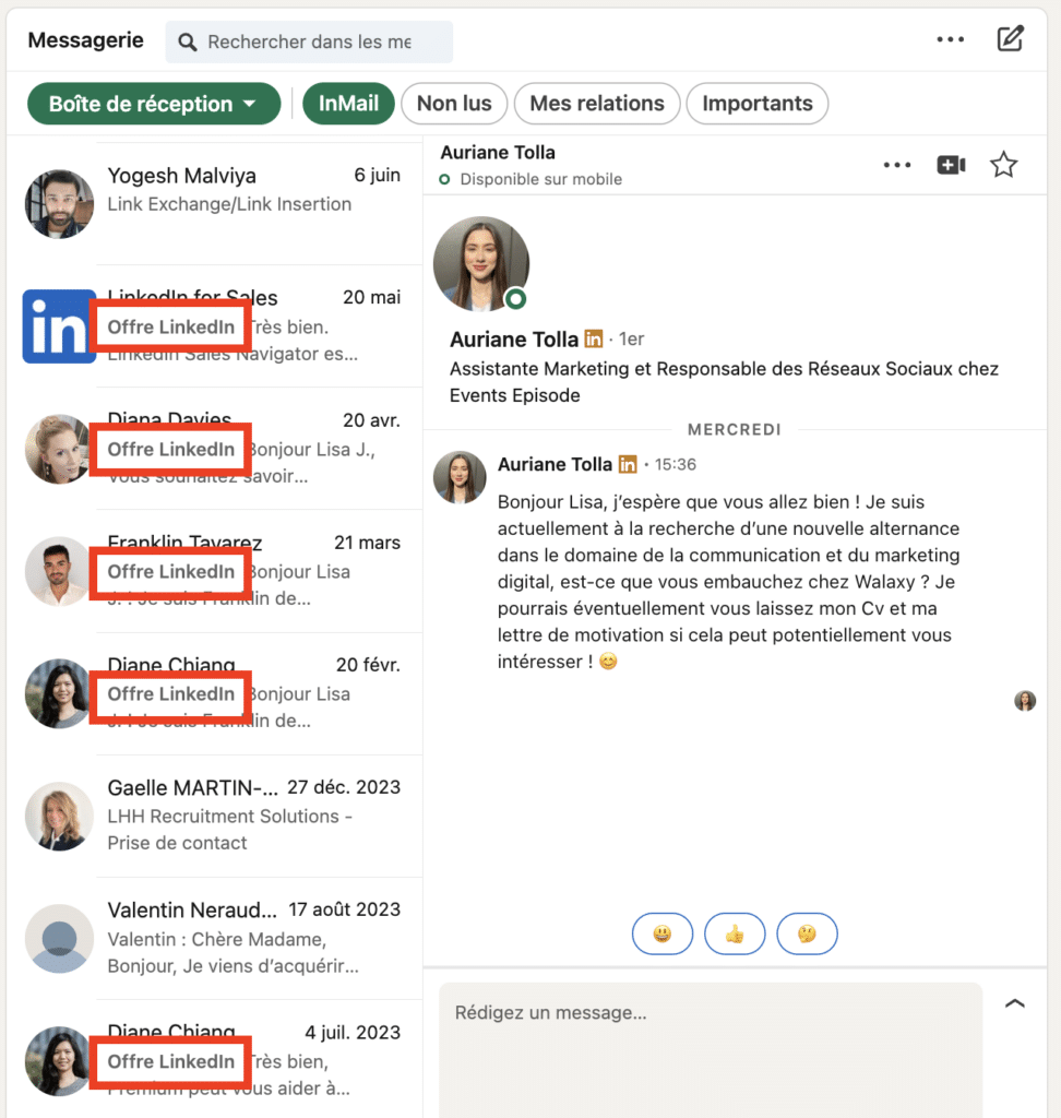 Exemples de messages spam reçus sur une messagerie LinkedIn réelle. 