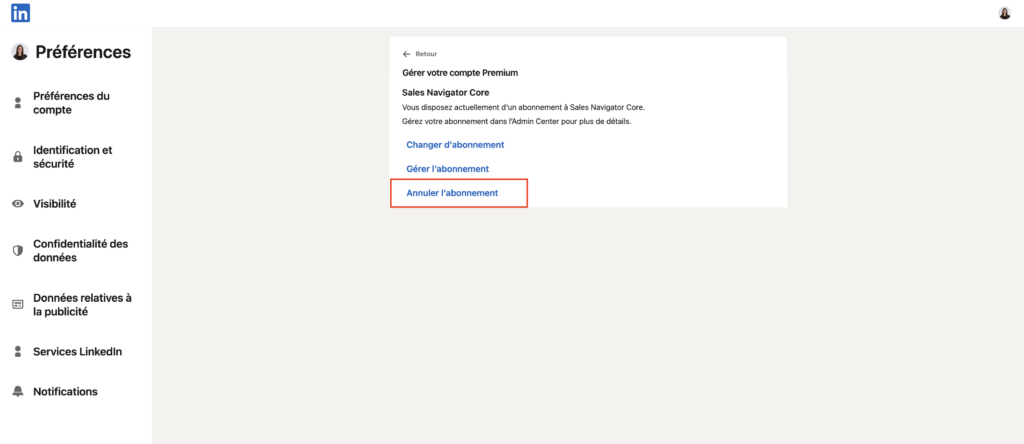 LinkedIn Sales Navigator gratuit : annuler l'abonnement.
