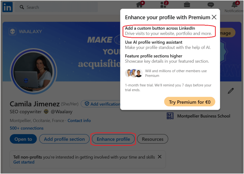 Obserwowanie lub łączenie się z LinkedIn
