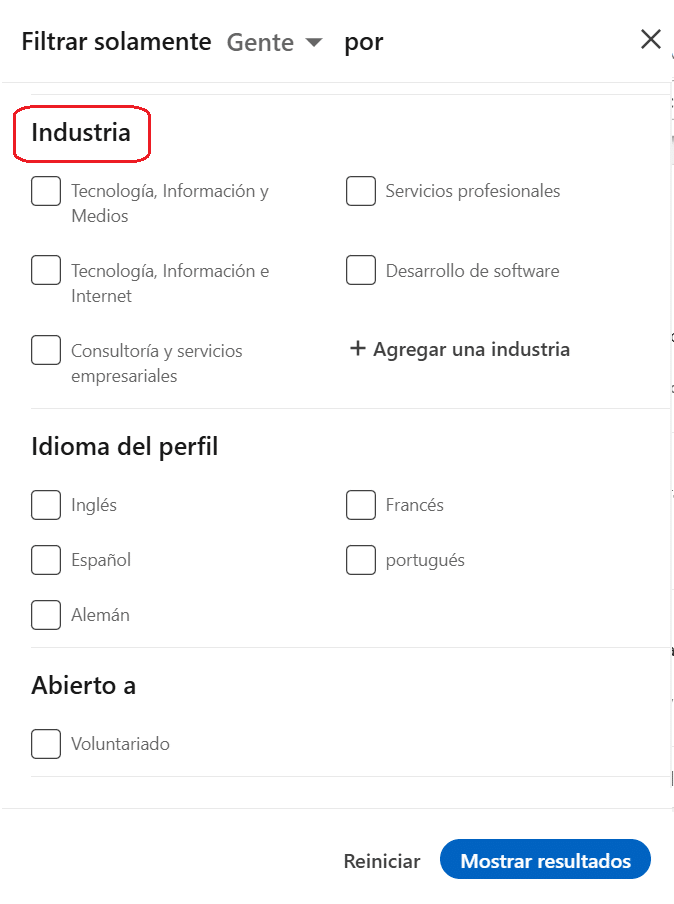 Búsqueda en LinkedIn filtros