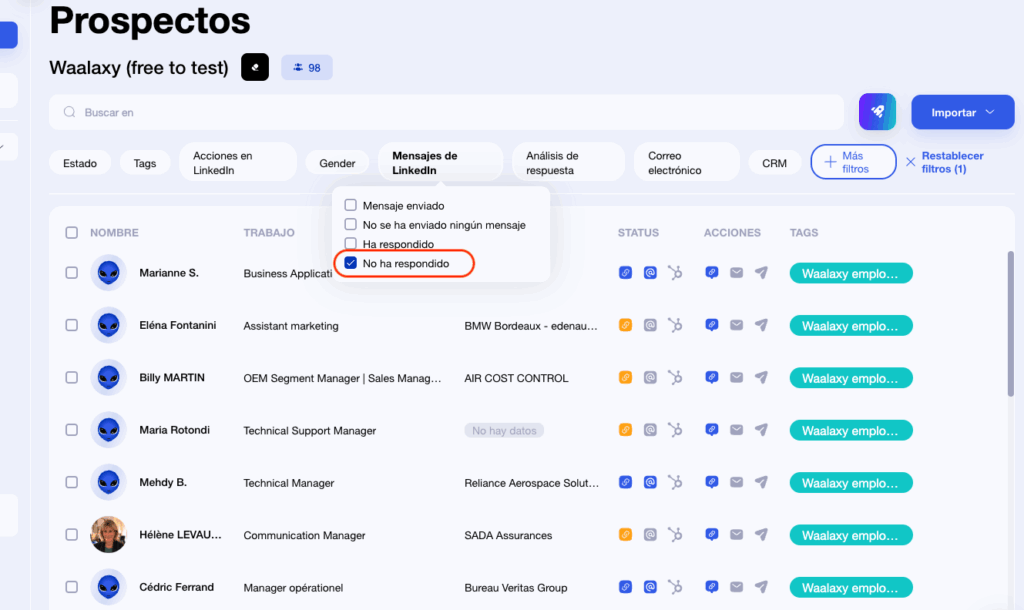 lista de prospectos sobre waalaxy