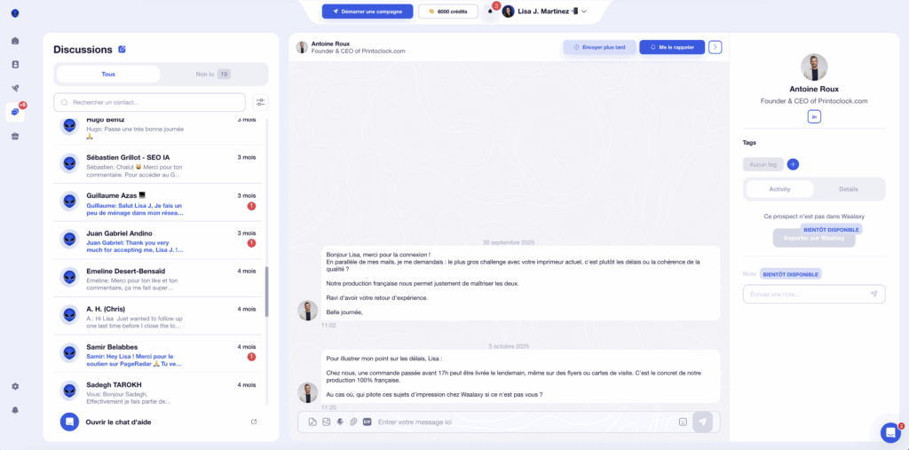 Interface de l'inbox Waalaxy
