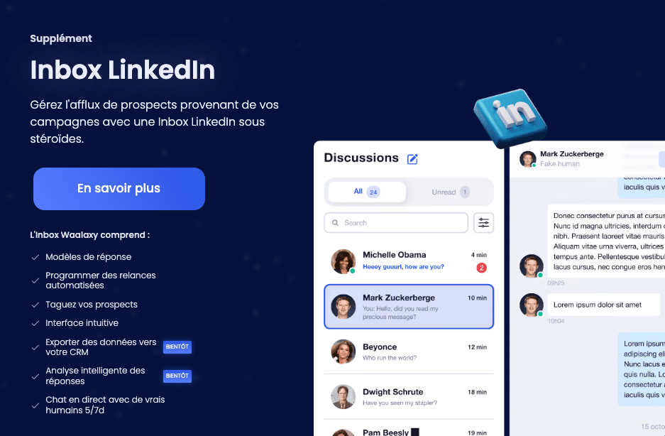 Tarifs et fonctionnalités inbox waalaxy