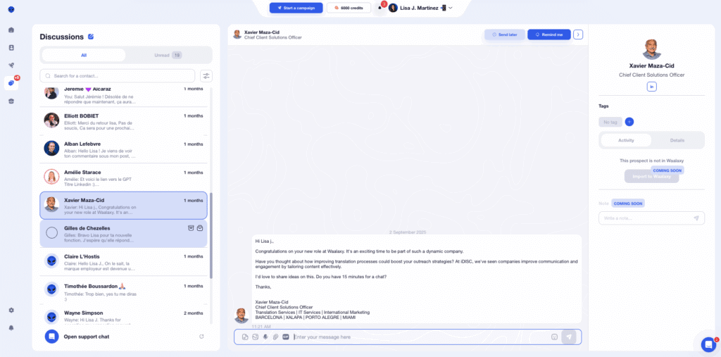 Waalaxy inbox interface