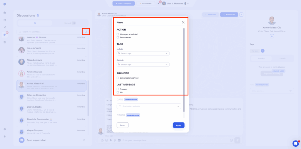 Inbox Waalaxy filters