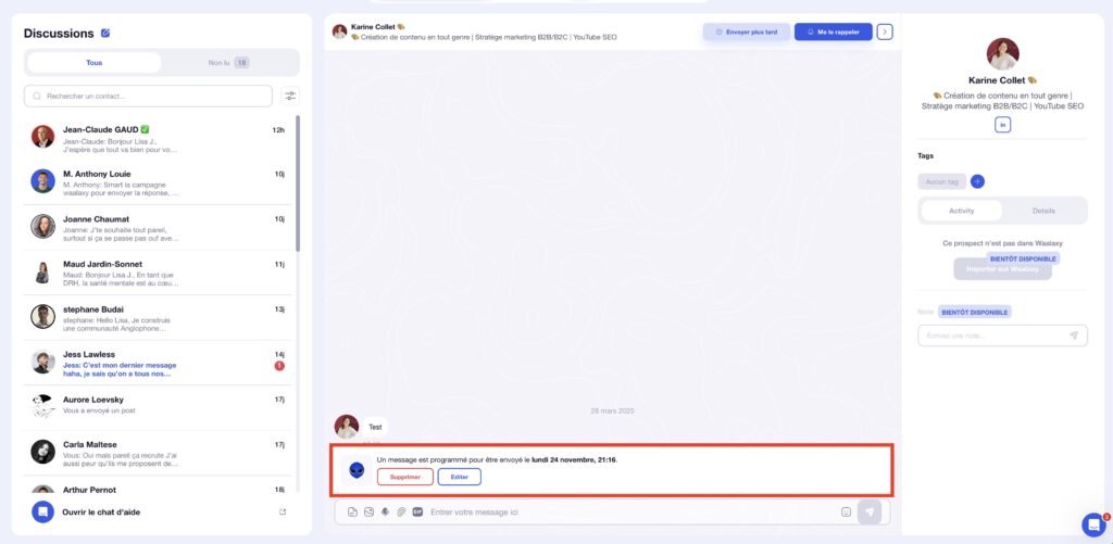 Interface d'application de messagerie avec calendrier, messages en attente et profil utilisateur.