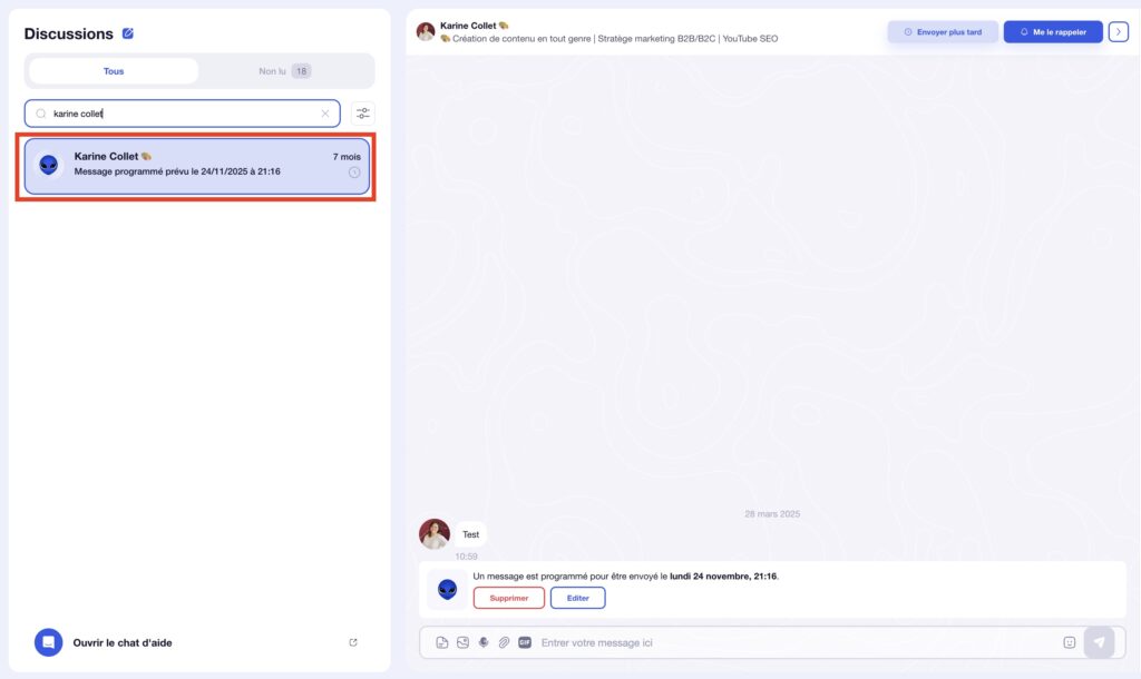 Interface d'application de discussion avec message de suivi pour l'ensemble des discussions.