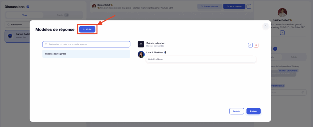 Interface d'envoi de réponses enregistrées dans un chat.