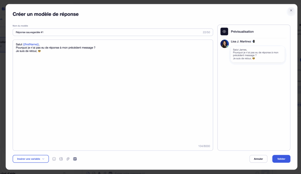Interface d'envoi de message avec champ de texte, prévisualisation et boutons Confirm et Cancel.