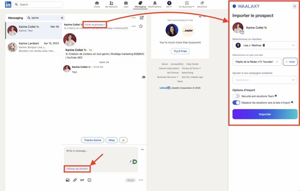 Interface LinkedIn Messaging avec des contacts et un champ d'écriture pour envoyer un message.