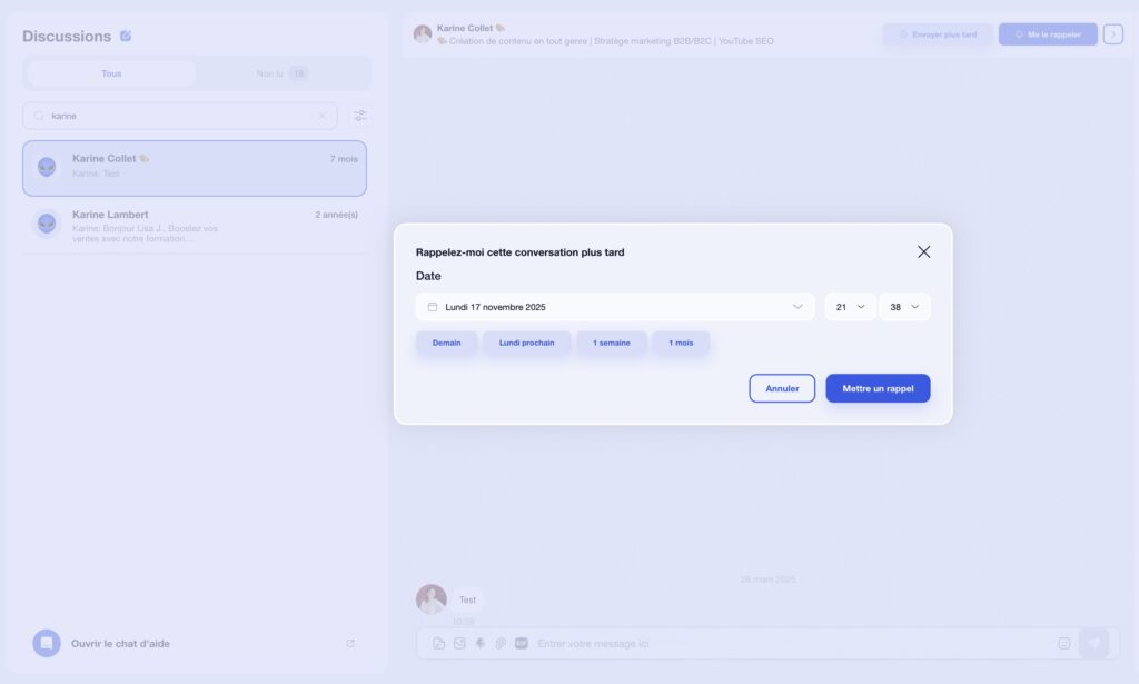 Interface d'application web montrant un calendrier pour rappeler des conversations futures.