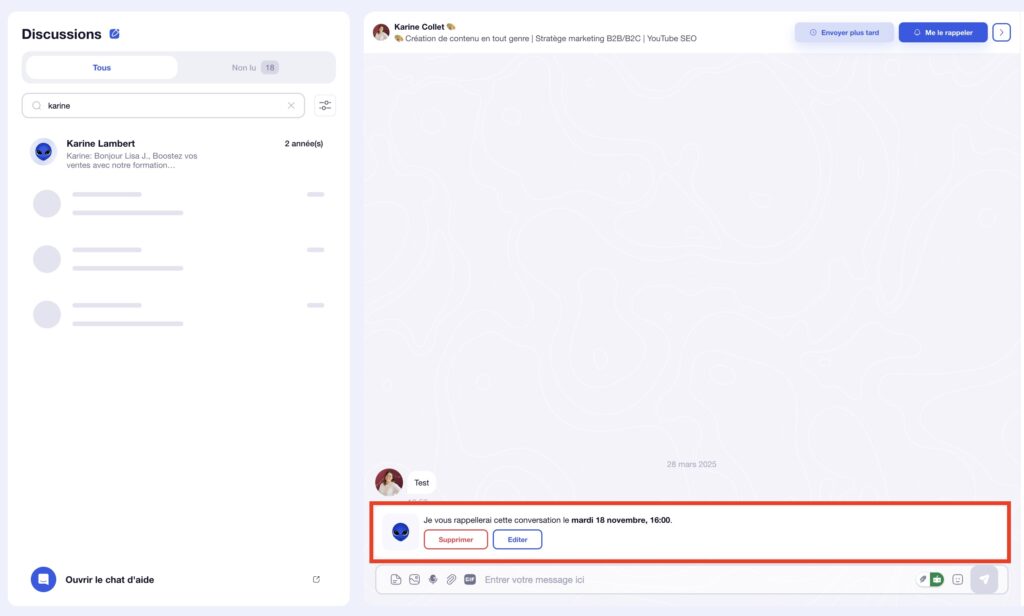 Interface de support en ligne avec messages et informations d'utilisateur.