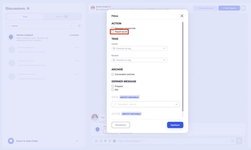 Interface de filtres avec option "Reminder set" marquée en rouge.