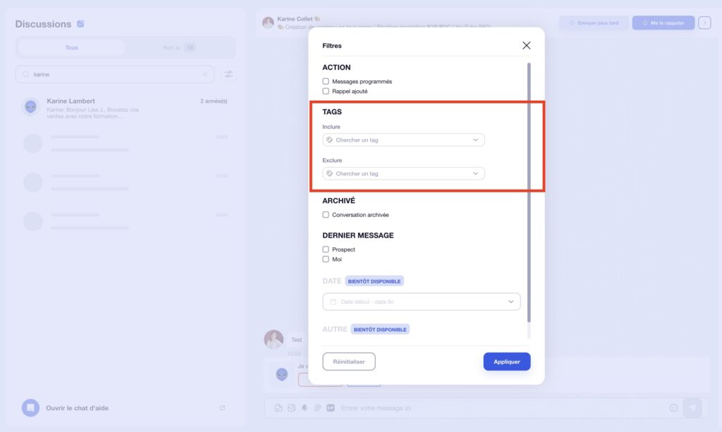 Interface d'application filtrage avec champs "Include" et "Exclude" pour les étiquettes (tags).