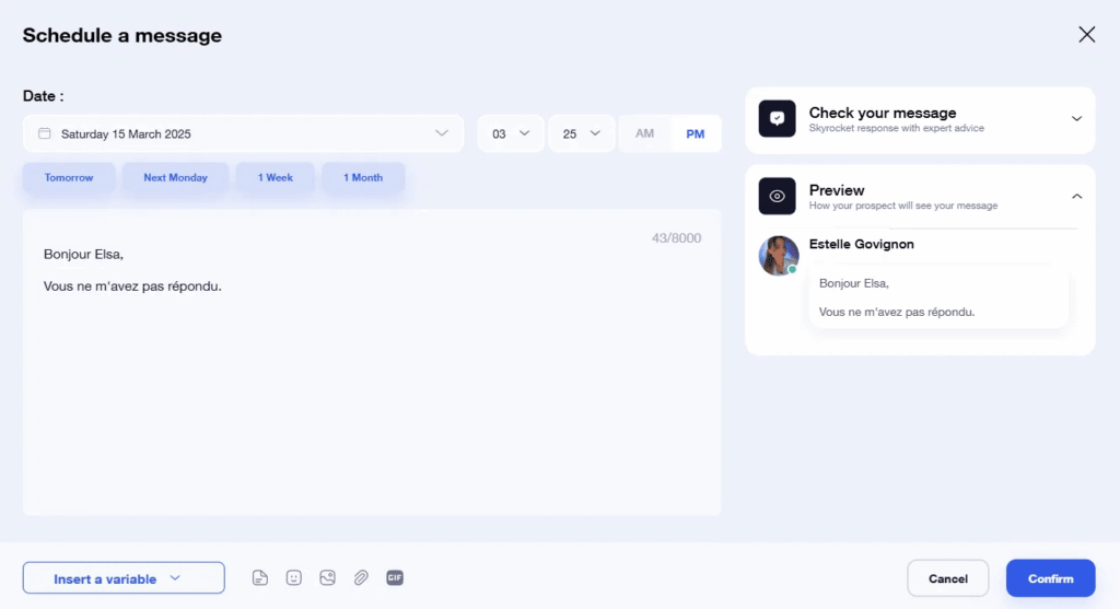 Scheduled e-mail interface with date and time fields and content preview.