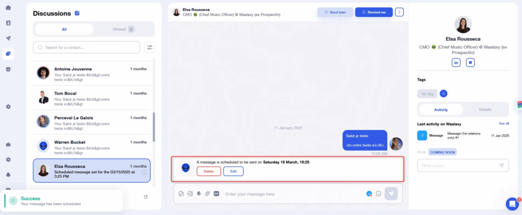 Messaging application interface with calendar, message queue and user profile.