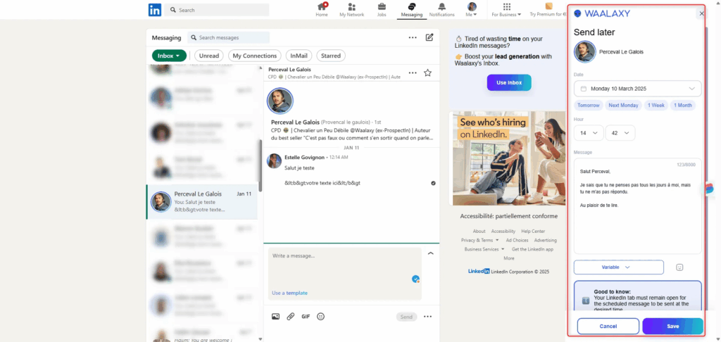 Screenshot showing LinkedIn conversations with messages in progress and an employability pop-up.