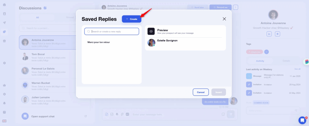 Interface for sending recorded replies in a chat.