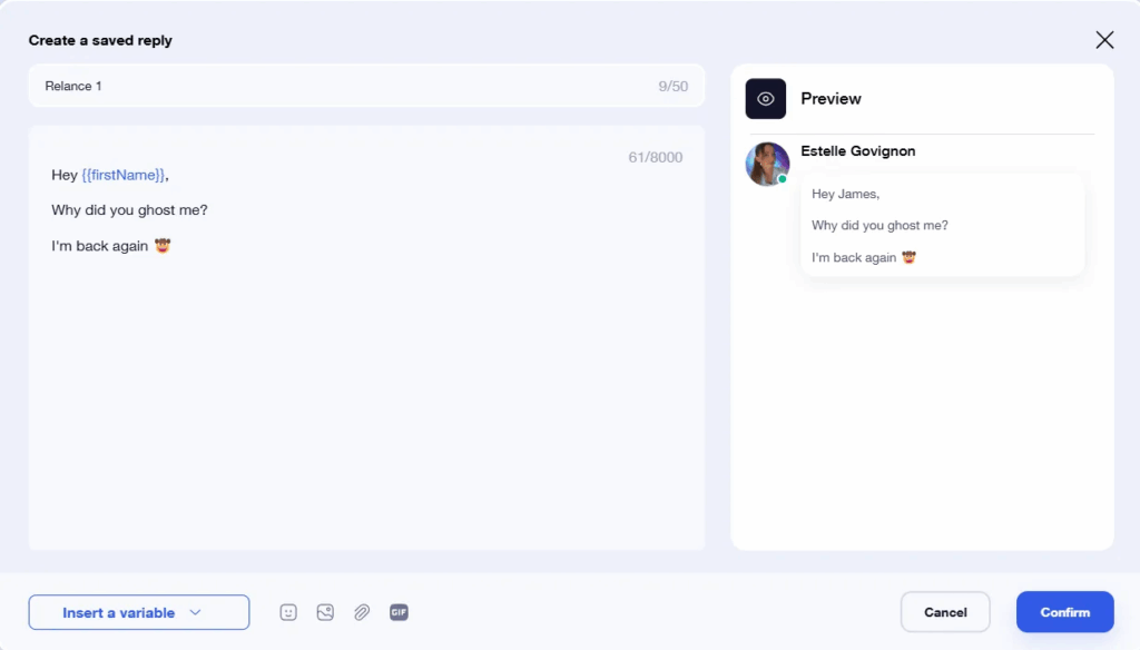Message sending interface with text field, preview and Confirm and Cancel buttons.