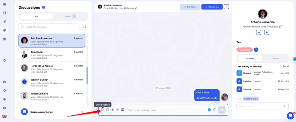 User interface for a forum or collaborative platform, with discussions, messages and profile on the right.