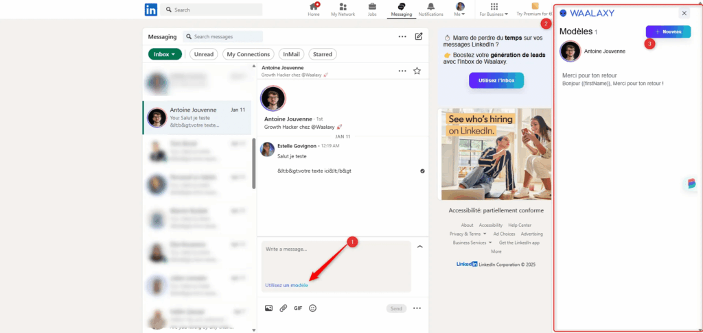 LinkedIn Messaging interface with contacts and a text field for sending a message.