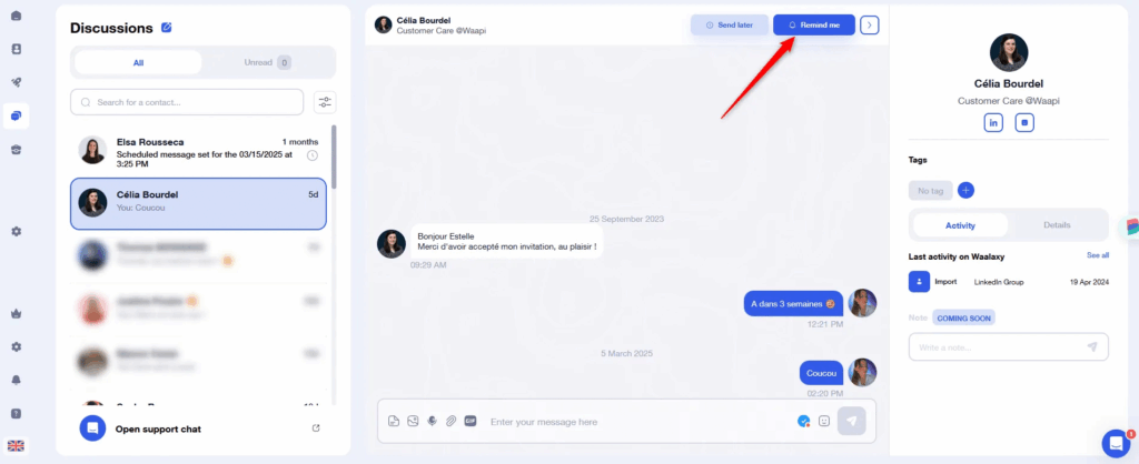 Messaging application interface with ongoing conversations and navigation options.