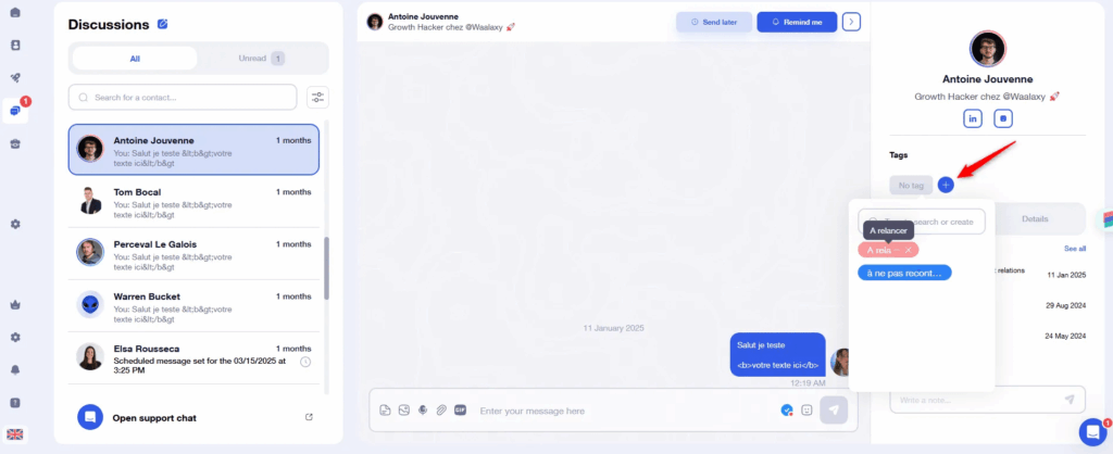 Chat application interface, messages, tags, user profile.
