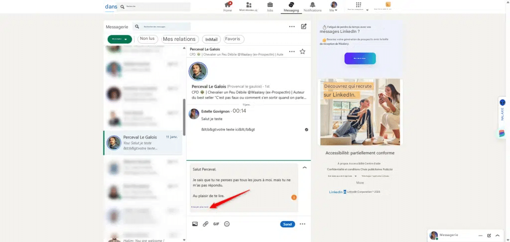 Page LinkedIn, messagerie, profil en cours d'interaction, bouton "Envoyer".