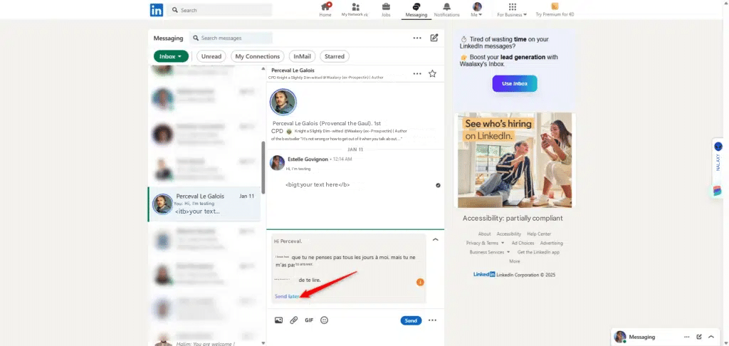 LinkedIn page with message being edited, profile and navigation icons visible.