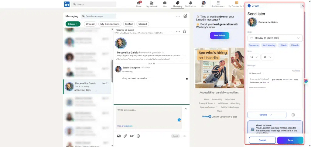 Two LinkedIn user interface screens showing profiles and messages. 
