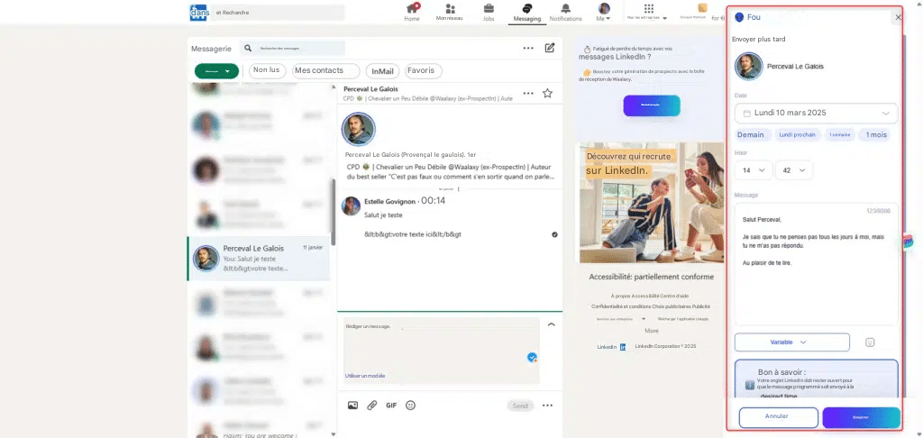 Deux écrans d'interface utilisateur de LinkedIn montrant des profils et des messages.