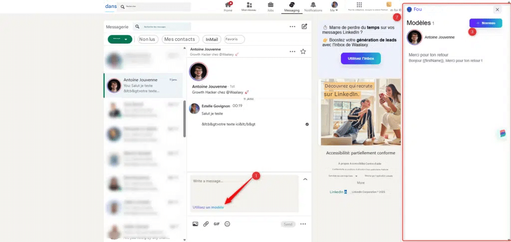 Interface LinkedIn avec messagerie et profil en cours d'interaction.