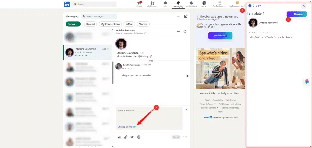 LinkedIn interface with messaging and profile in progress.