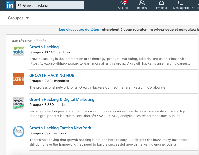 recherche de groupe linkedin via la barre de recherche