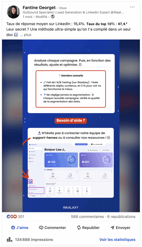 Exemple de calcul du taux d'engagement LinkedIn sur une publication.