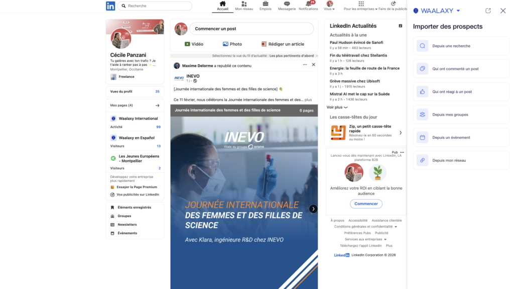Waalaxy interface sur Linkedin 