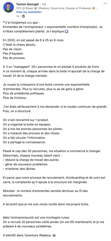 Exemple de post LinkedIn sur l'actualité de votre entreprise.