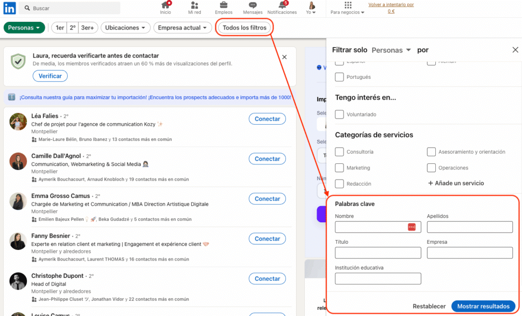 Selección de filtros para linkedin scraping