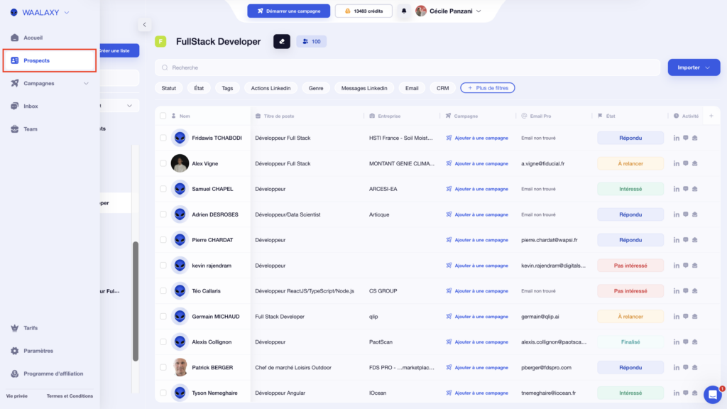 interface de gestion de prospects avec Waalaxy 