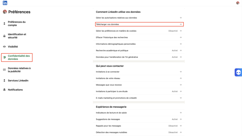 Télécharger ses données personnelles LinkedIn