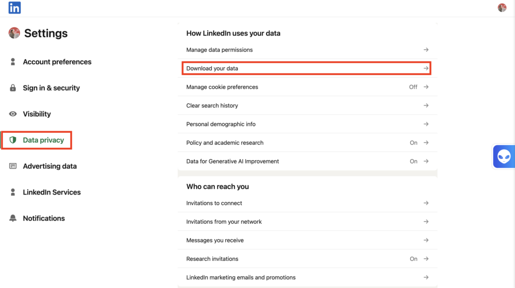 Download your LinkedIn personal data