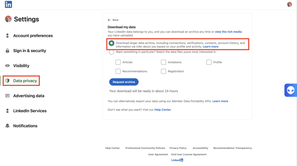 Linkedin data extraction , including connections 