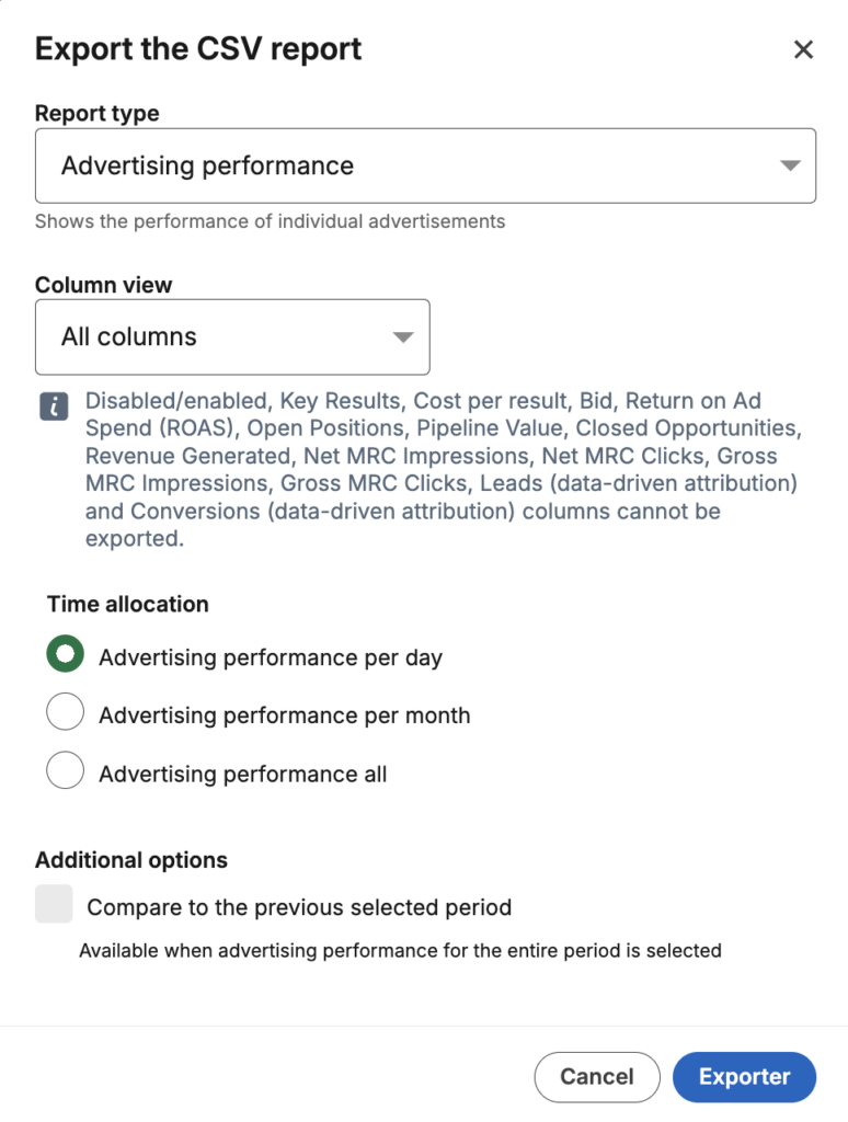 LinkedIn ADS data export settings 