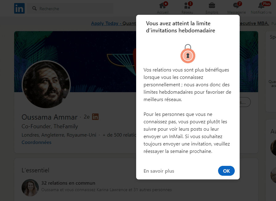 Limite d'invitation hebdomadaire LinkedIn